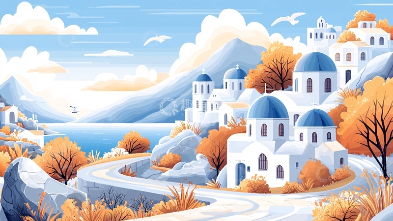 高清大图下载【趣麦麦图】蓝顶白墙的希腊小镇
