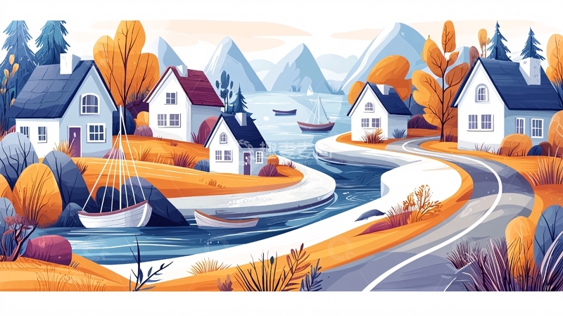 高清大图下载【趣麦麦图】风景秀丽的村庄湖畔景色