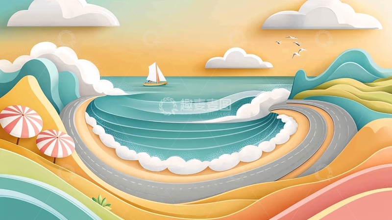 高清大图下载【趣麦麦图】-海滩风景插画