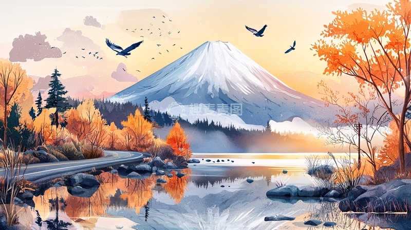 高清大图下载【趣麦麦图】雪山湖泊飞鸟的秋日风景