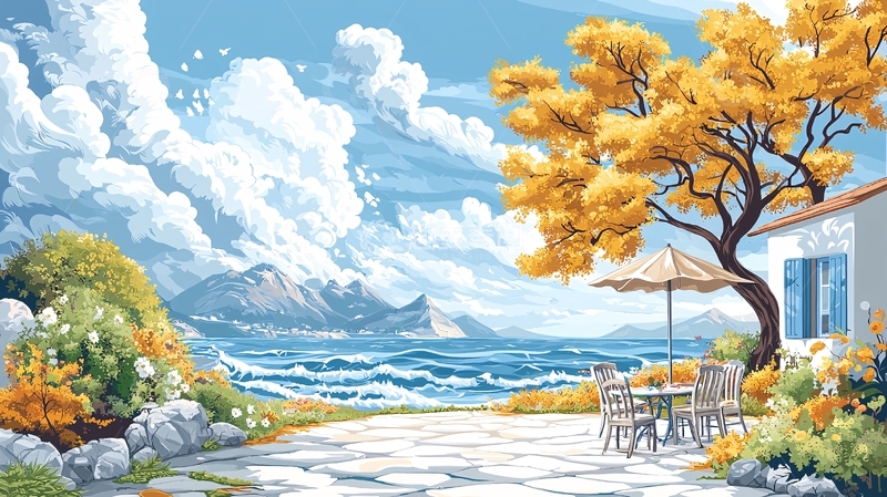 高清大图下载【趣麦麦图】海边小屋金色树木