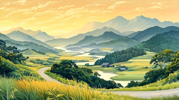 油画风格的田园山水风景