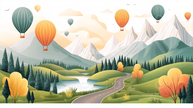 高清大图下载【趣麦麦图】热气球飞过山间