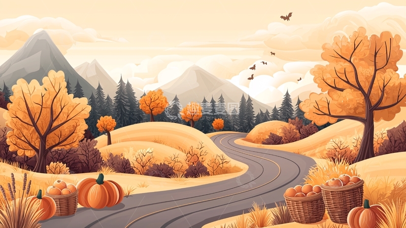 高清大图下载【趣麦麦图】秋日田园风光插画