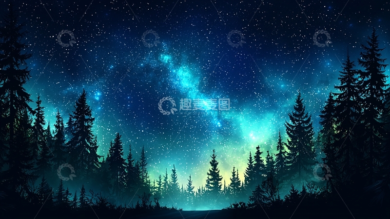 高清大图下载【趣麦麦图】绚丽星空下的森林夜景