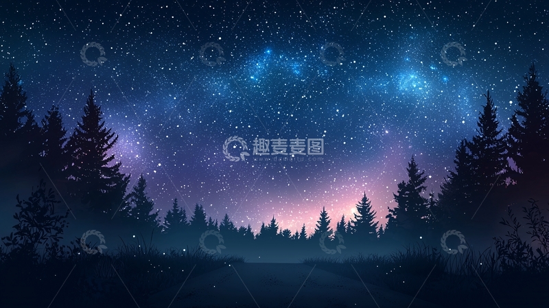 高清大图下载【趣麦麦图】星空下的森林剪影