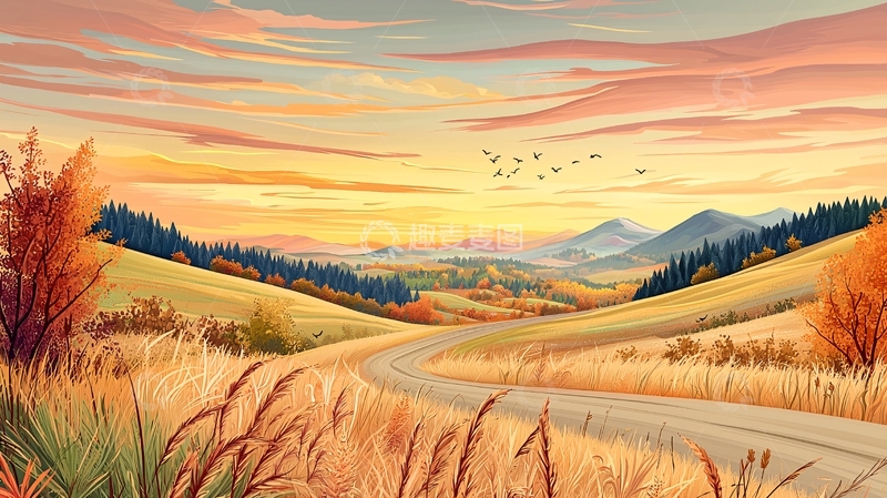 高清大图下载【趣麦麦图】金色田野道路延伸至远方