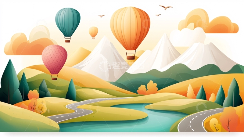 高清大图下载【趣麦麦图】卡通热气球山景插画