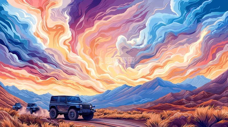 高清大图下载【趣麦麦图】彩色天空下的越野车