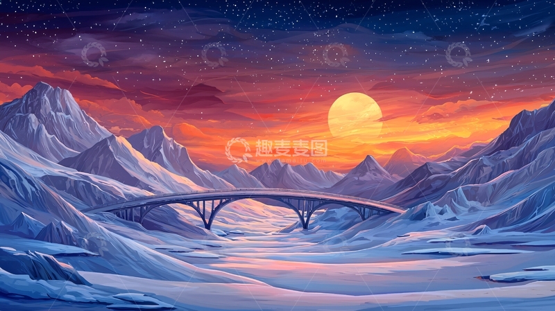 高清大图下载【趣麦麦图】雪山下的桥梁