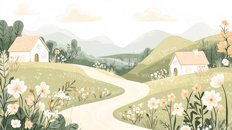 高清大图下载【趣麦麦图】田园风光小路房屋花朵