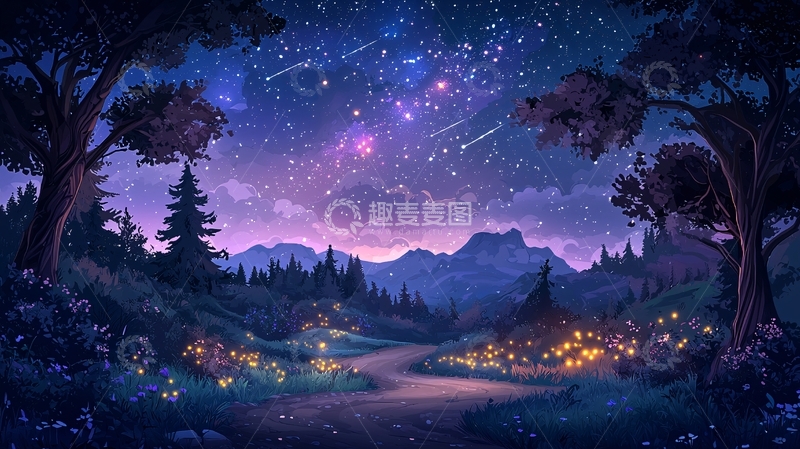 高清大图下载【趣麦麦图】夜空下的森林小路