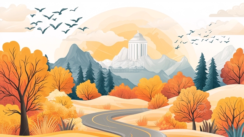 高清大图下载【趣麦麦图】秋日山水风景水彩画