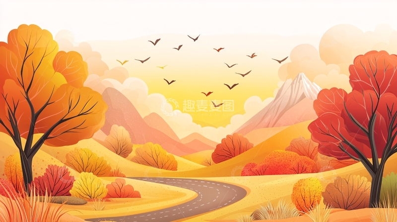 高清大图下载【趣麦麦图】秋日山景卡通插画