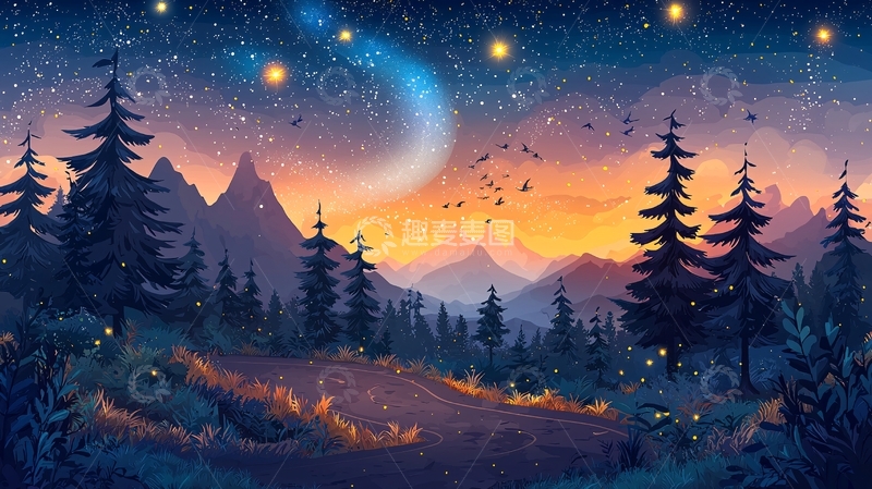 高清大图下载【趣麦麦图】星空下的森林山脉风景