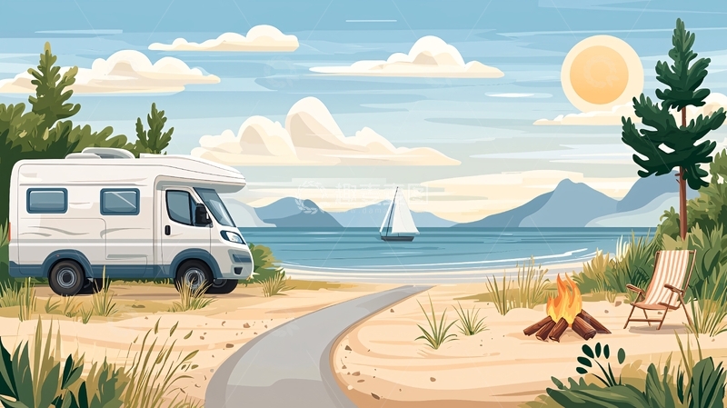 高清大图下载【趣麦麦图】海边露营的房车