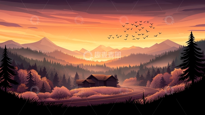 高清大图下载【趣麦麦图】黄昏时分的山间小屋