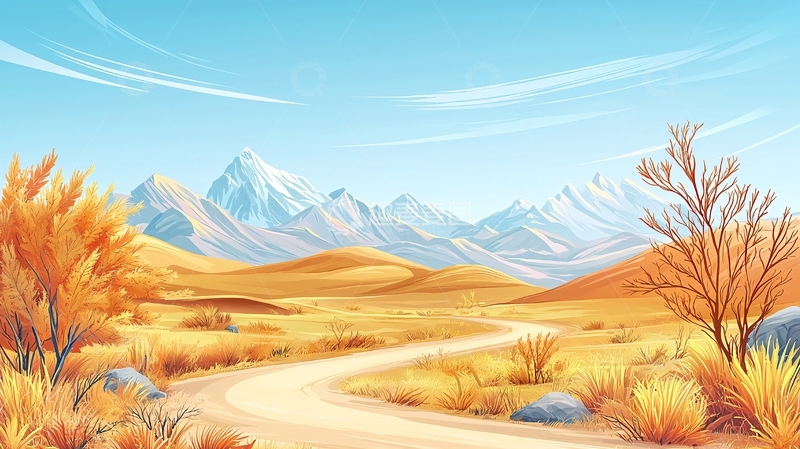 高清大图下载【趣麦麦图】秋季山景卡通插画