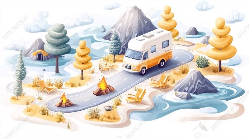 高清大图下载【趣麦麦图】卡通风景中的房车旅行