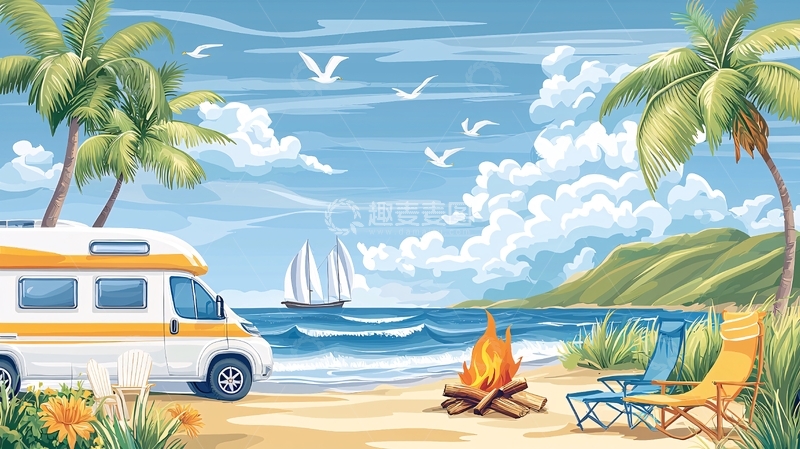 高清大图下载【趣麦麦图】海边露营的房车