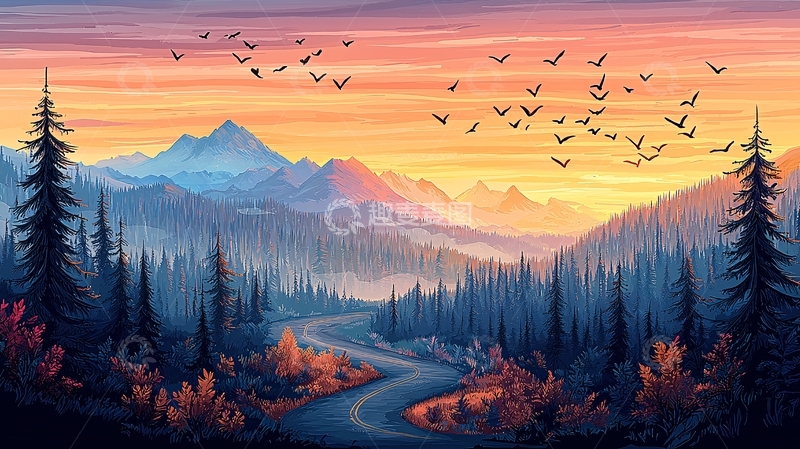 高清大图下载【趣麦麦图】夕阳下的山脉森林鸟群