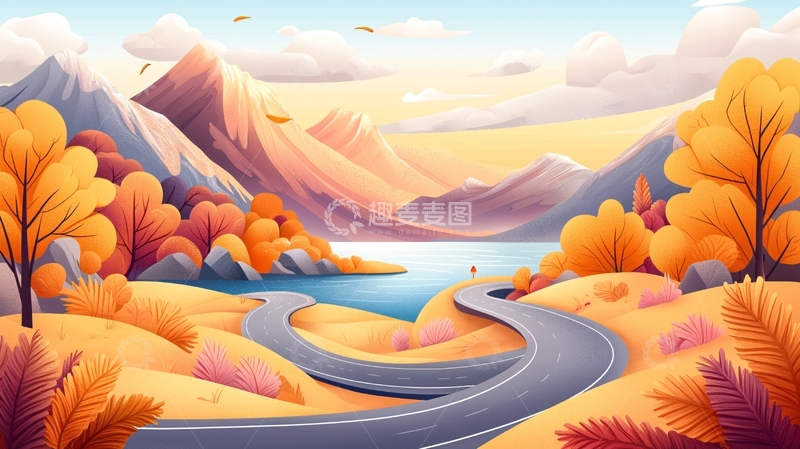 高清大图下载【趣麦麦图】秋季湖边弯曲道路风景