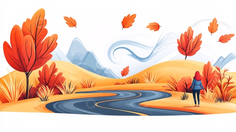 高清大图下载【趣麦麦图】秋日风景中的道路与行人