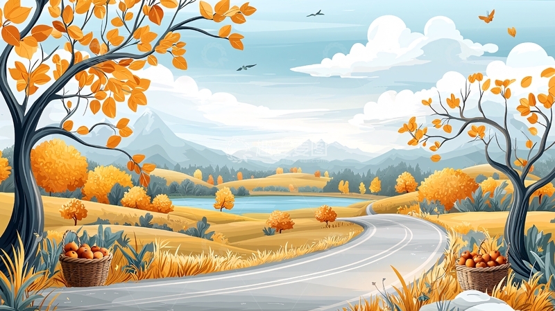 高清大图下载【趣麦麦图】秋日乡村风景卡通画