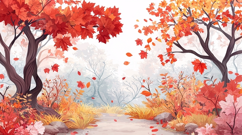 高清大图下载【趣麦麦图】秋日红叶森林小路