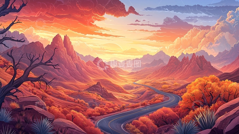 高清大图下载【趣麦麦图】壮丽山脉日落下的道路