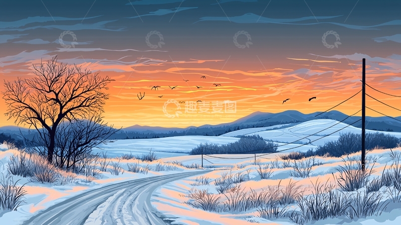 高清大图下载【趣麦麦图】雪地日落下的乡村小路