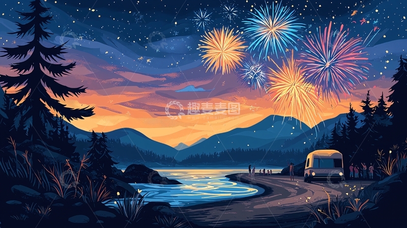 高清大图下载【趣麦麦图】夜空烟花湖边露营车