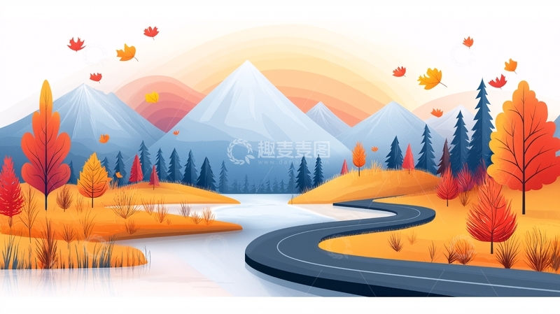 高清大图下载【趣麦麦图】秋季山水风景卡通画