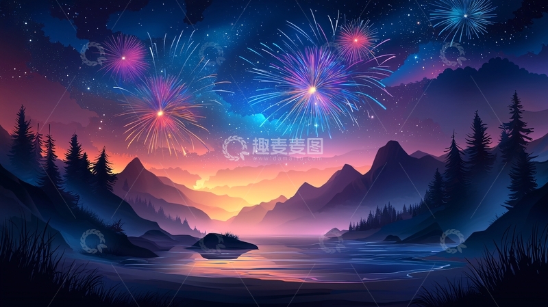 高清大图下载【趣麦麦图】绚烂烟花照亮夜空
