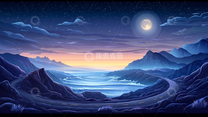 高清大图下载【趣麦麦图】夜晚山水月亮星空