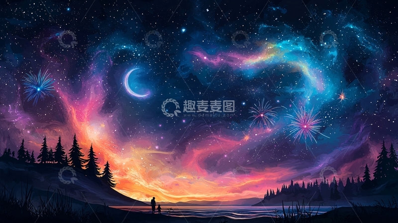 高清大图下载【趣麦麦图】绚丽星空与月亮下的风景