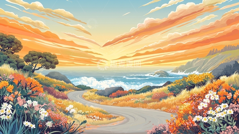 高清大图下载【趣麦麦图】海边公路日出美景