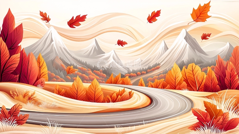 高清大图下载【趣麦麦图】秋日山路风景插画