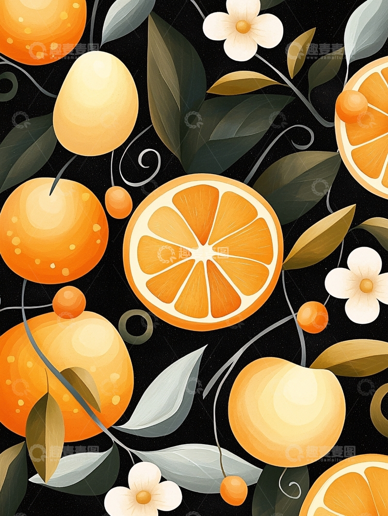 高清大图下载【趣麦麦图】橙子与花朵的艺术插画