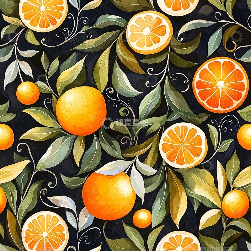 高清大图下载【趣麦麦图】橙子与绿叶的抽象艺术图案
