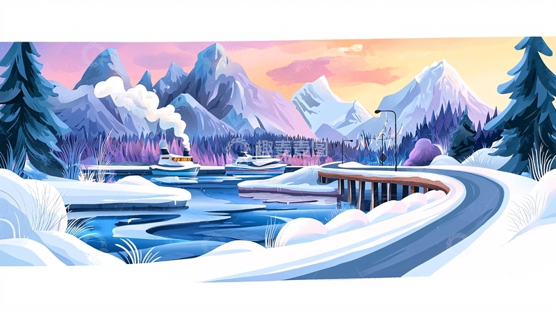 高清大图下载【趣麦麦图】雪山公路河流的卡通风景