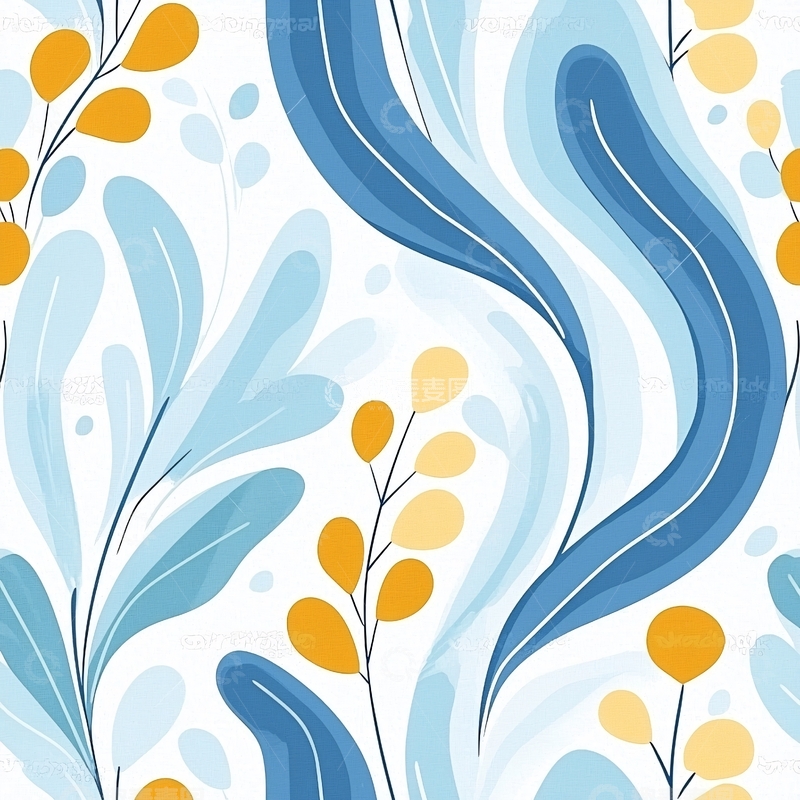 高清大图下载【趣麦麦图】蓝色波浪与黄色果实抽象图案
