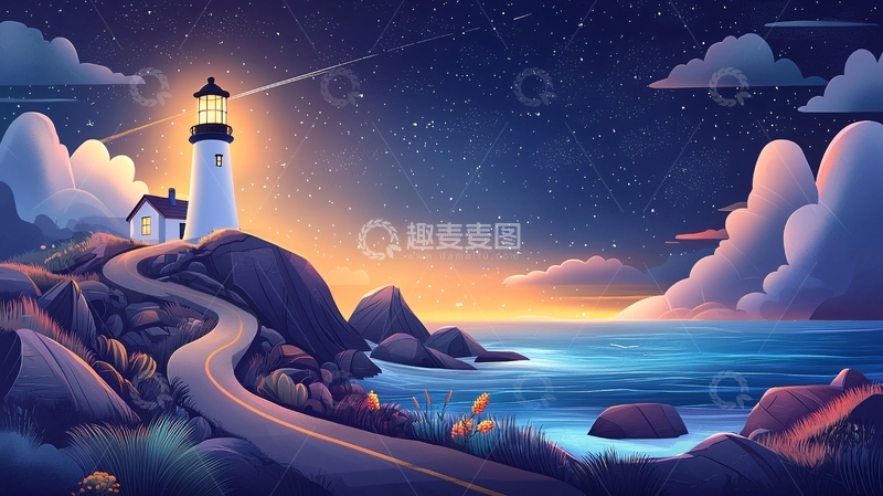 高清大图下载【趣麦麦图】海边灯塔星空夜景