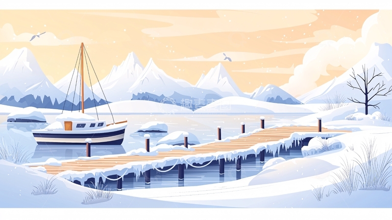 高清大图下载【趣麦麦图】冬季雪景码头小船山脉