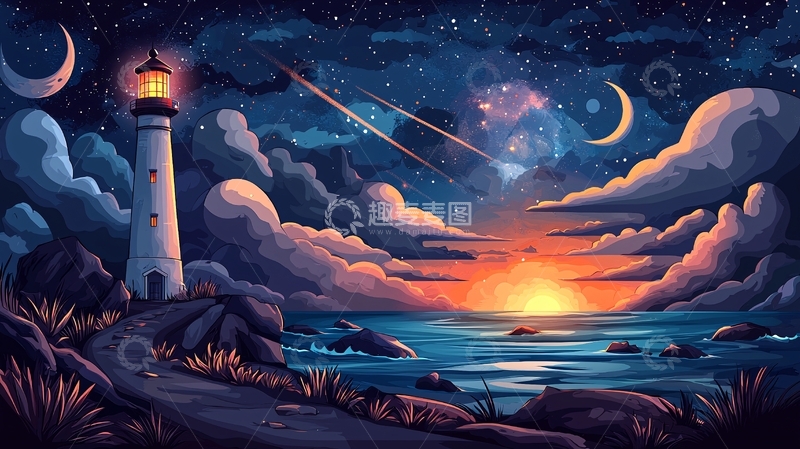 高清大图下载【趣麦麦图】灯塔星空夜景唯美插画