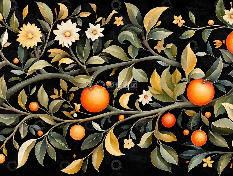 高清大图下载【趣麦麦图】橙树与花朵的艺术插画