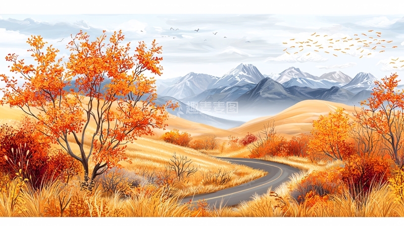高清大图下载【趣麦麦图】秋日山路风景如画