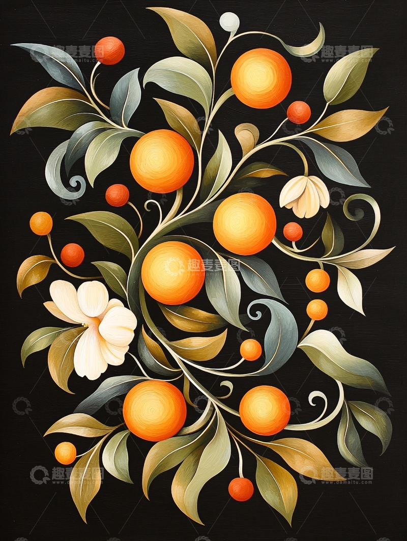高清大图下载【趣麦麦图】橙色果实与花卉的艺术插画