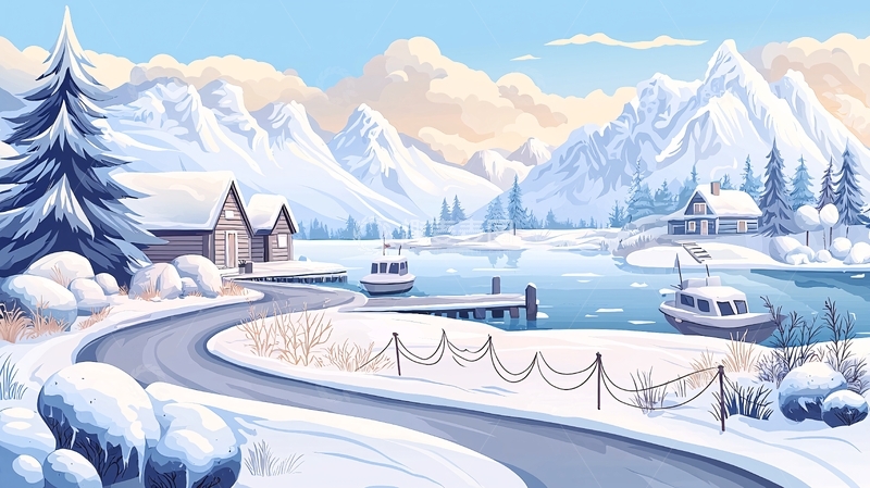 高清大图下载【趣麦麦图】冬季雪山湖泊小屋的景色