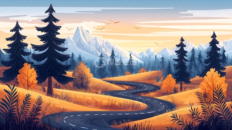 高清大图下载【趣麦麦图】秋季山路风景插画